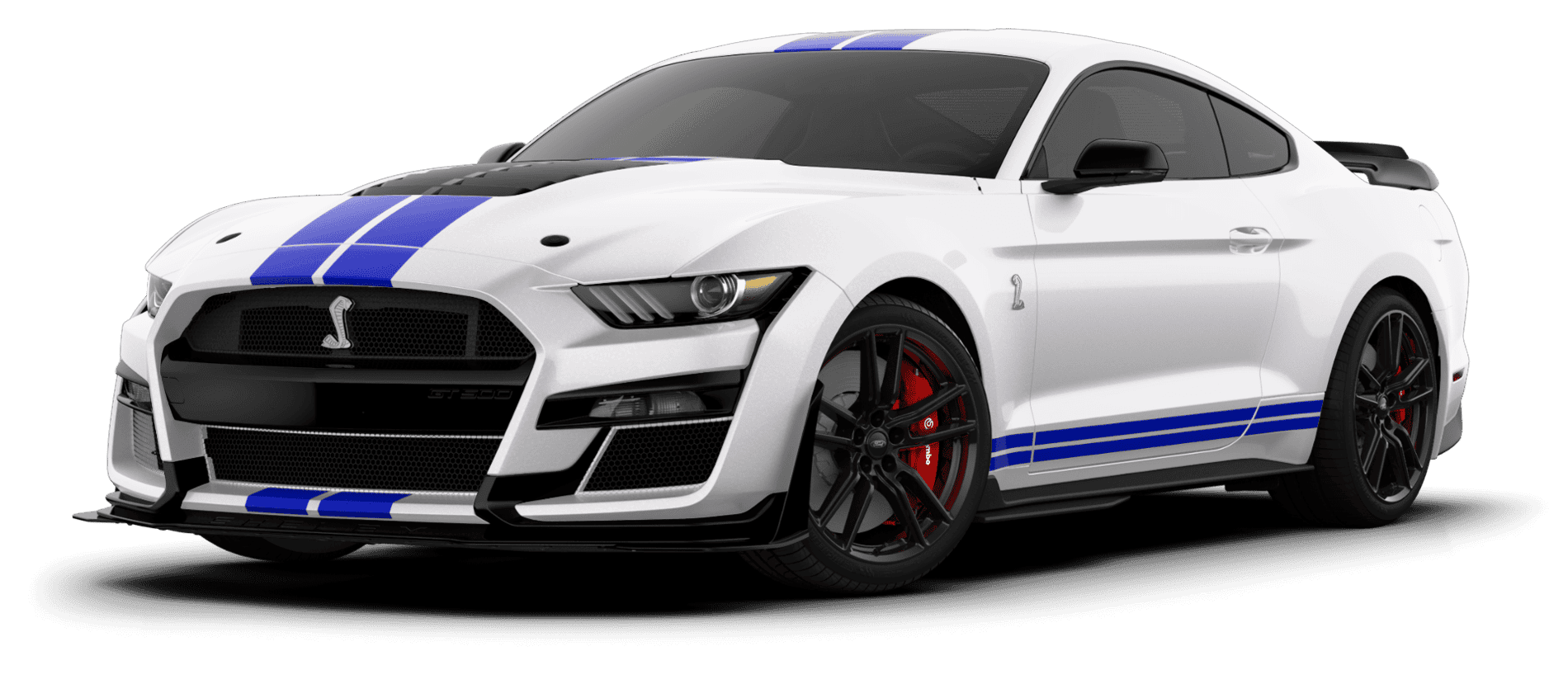 White GT500 Mustang with blue racing stripes